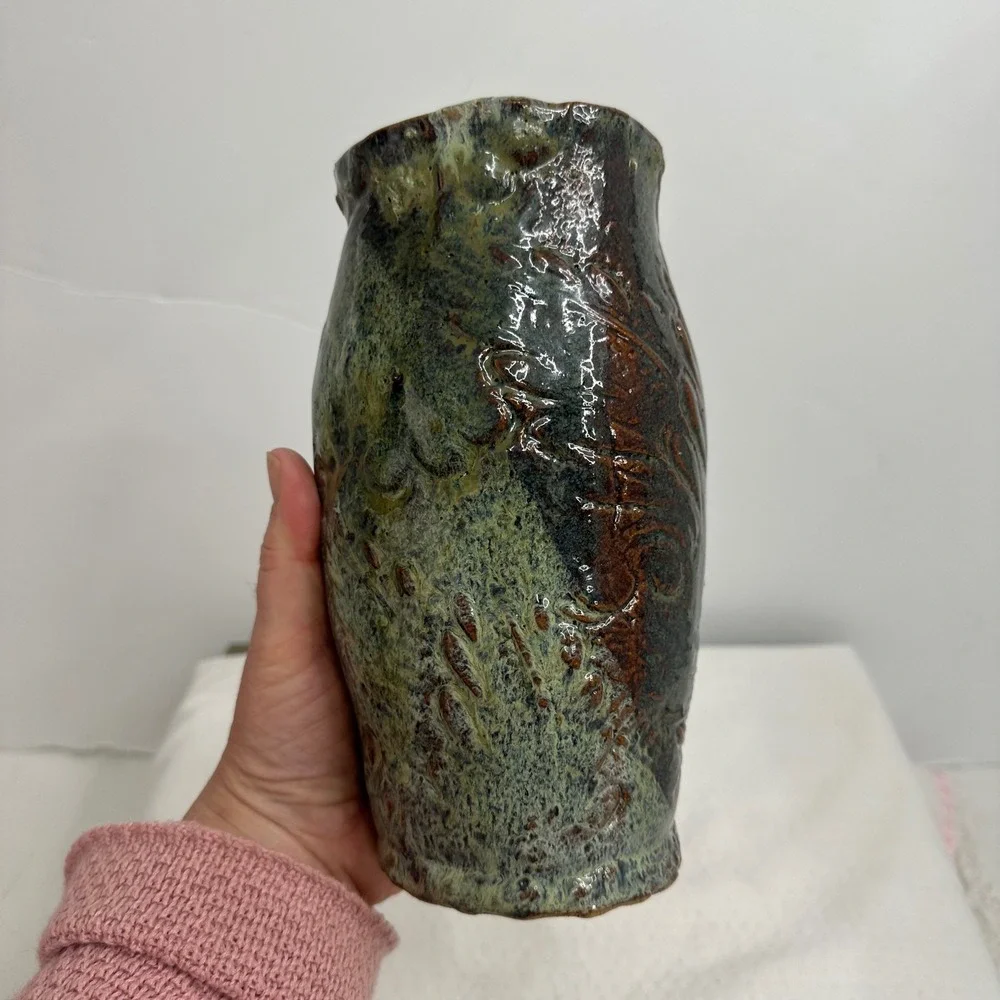 Terrance M Bedell Studio Pottery Vase Handmade signed '14‎ Brown Geode luminary
